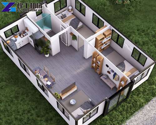 interior of 30ft expandable container house with bedroom and living area