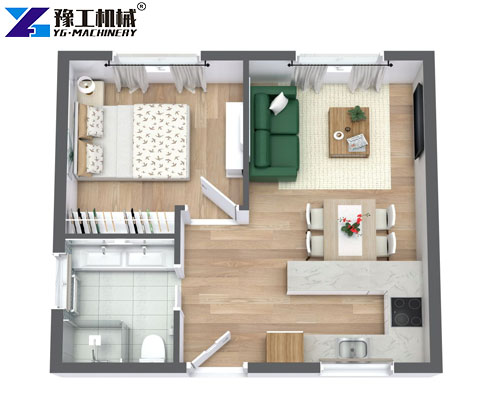 tiny house interior layout with living room and kitchen