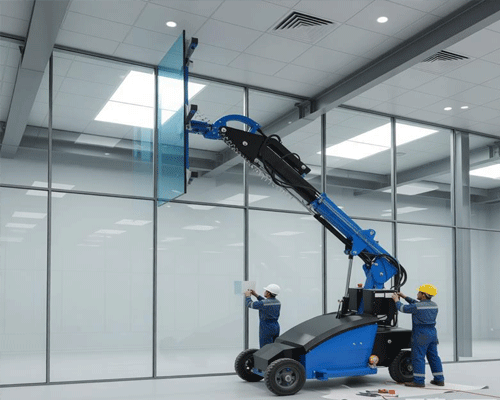glass handling robot installing curtain wall glass inside commercial building