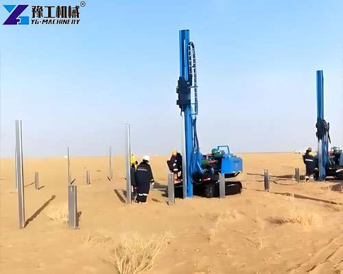 pile driver for solar farm installing mounting posts in desert ground