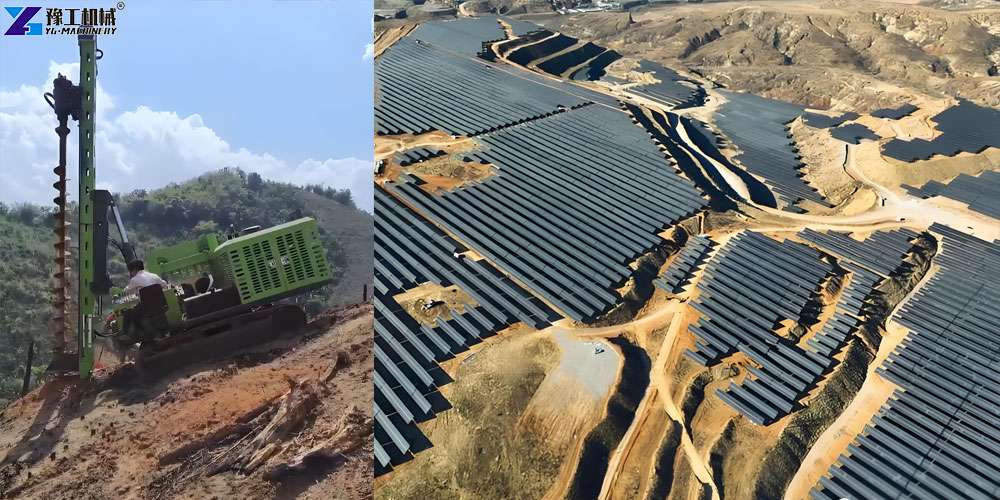 solar farm pile driver operating on uneven terrain