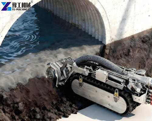 Remote-controlled robot removing sediment from a large-diameter drainage pipeline